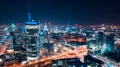 Aerial view of Warsaw business center at night: skyscrapers and Palace of Science and Culture Royalty Free Stock Photo