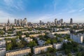 Aerial view of Warsaw city center during sunset