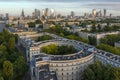 Aerial view of Warsaw city center during sunset