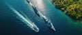 Aerial View Of Warships And A Fishing Boat In A Sea Bay Royalty Free Stock Photo