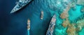 Aerial View Of Warships And A Fishing Boat In A Sea Bay Royalty Free Stock Photo