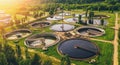 Aerial view of wastewater treatment plant, filtration of dirty or sewage water