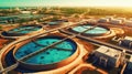 Aerial view of the wastewater treatment plant. Pumping station and drinking water supply. Industrial and urban water treatment for Royalty Free Stock Photo