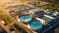 Aerial view of the wastewater treatment plant. Pumping station and drinking water supply. Industrial and urban water treatment for Royalty Free Stock Photo