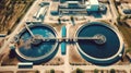 Aerial view of the wastewater treatment plant. Pumping station and drinking water supply. Industrial and urban water treatment for Royalty Free Stock Photo