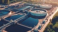 Aerial view of the wastewater treatment plant. Pumping station and drinking water supply. Industrial and urban water treatment for Royalty Free Stock Photo