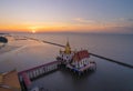 Aerial view of Wat Hong Thong with lake or sea, Chachoengsao near Bangkok City, Thailand. Thai buddhist temple archtecture. Royalty Free Stock Photo