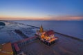 Aerial view of Wat Hong Thong with lake or sea, Chachoengsao near Bangkok City, Thailand. Thai buddhist temple archtecture. Royalty Free Stock Photo