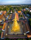 Aerial view of Wat Phra That Haripunchai Woramahawihan during Loy Krathong festival, in Lapmhun, Thailand
