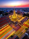 Aerial view of Wat Phra That Haripunchai Woramahawihan during Loy Krathong festival, in Lapmhun, Thailand