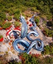 Aerial view of Wat Roi Phra Phutthabat Phu Manorom, Mukdahan, Thailand