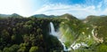 Aerial view. Water discharge, strong, maximum flow. Rainbow. The Cascata delle Marmore is a the largest man-made waterfall. Terni