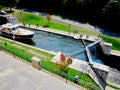 Aerial view of a water locks on the Rideau Canal in Ottawa, Canada. water steps and waterway system.