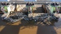 Aerial view of water released from the drainage channel of the concrete dam is a way of overflowing water in the rainy season. Top Royalty Free Stock Photo