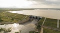 Aerial view of water reservoir with full of water and one of flood gate open at raichur, India Royalty Free Stock Photo