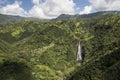 Aerial view of waterfall Manawaiopuna Falls, used in Jurassic park, Kauai, Hawaii