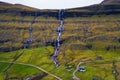 Aerial view of waterfalls in the village of Saksun on the Faroe islands