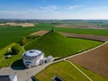 Aerial View at the Waterloo Hill with the statue of the lion of Memorial Battle of Waterloo, Belgium. Aerial landscape Royalty Free Stock Photo