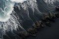 Aerial view of waves crashing on black sand beach in Iceland, The black sand beach in Iceland. Sea aerial view and top view, AI Royalty Free Stock Photo