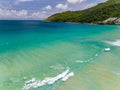 Aerial view of Waves crashing on sandy shore,Sea surface ocean waves background,Top view beach background Royalty Free Stock Photo