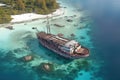 aerial view of a weathered pirate ship anchored near a deserted island