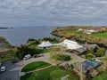 Aerial view of wedding reception ceremony setup with big white tents