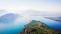 Aerial view of Weggis and Mount Pilatus over the lake of Lucerne from mount Rigi. Royalty Free Stock Photo