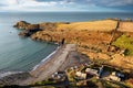 Aerial view of the Welsh seaside village of Abereiddy in a sunny, winters day