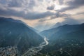 Aerial view of Wenchuan County, Aba Prefecture, Sichuan Province and nearby mountain villages Royalty Free Stock Photo