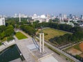 Aerial view of West Irian Liberation monument in downtown Jakarta with Jakarta cityscape. Jakarta, Indonesia, September 5, 2021 Royalty Free Stock Photo