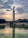 Aerial view of West Irian Liberation monument in downtown Jakarta with Jakarta cityscape. Jakarta, Indonesia, August 29, 2022 Royalty Free Stock Photo