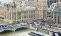 Aerial view of Westminster bridge full with cars and people. Central London city, United Kingdom.