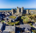 An aerial view westward towards Harlech castle, Harlech, Wales Royalty Free Stock Photo