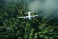 Aerial view of White Airplane taking off or flying in the air above green rain forest mountain view, nature landscape, healthy