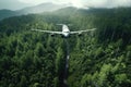 Aerial view of White Airplane taking off or flying in the air above green rain forest mountain view, nature landscape, healthy