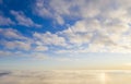 Aerial view White clouds in blue sky with solar halo. Top view. View from drone. Aerial bird`s eye view. Aerial top view cloudsca