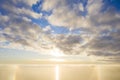 Aerial view White clouds in blue sky with solar halo. Top view. View from drone. Aerial bird`s eye view. Aerial top view cloudsca