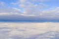 Aerial view White clouds in blue sky with solar halo. Top view. View from drone. Aerial bird`s eye view. Aerial top view cloudscap