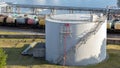 Aerial view white fuel storage tank.Cargo tank at the railway terminal, oil transportation. Royalty Free Stock Photo