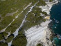 Aerial view on white limestone cliffs, cliffs. Bonifacio. Corsica, France.