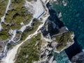 Aerial view on white limestone cliffs, cliffs. Bonifacio. Corsica, France.