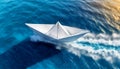 Aerial view of a White Paper Boat with Wake in the Blue Sea - Generative Ai Royalty Free Stock Photo