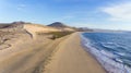 Long white sand beach, dunes, sea waves, Costa Calma, Fuerteventura,