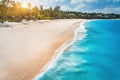 Aerial view of white sandy beach, ocean with waves at sunset Royalty Free Stock Photo