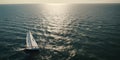 Aerial view of a white yacht with a sail. AI generative illustration