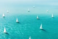 Aerial view of white yachts sailing in turquoise lagoon. Travelling and holiday concept