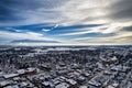 Aerial view of downtown Whitefish, Montana on a cloudy winter day