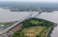 Aerial view of Whitestone Bridge with traffic and Trump golf course, New York City Royalty Free Stock Photo