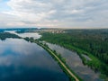 Aerial view of a wide river and dirt road