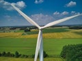 Aerial view of wind farm turbines in English rural countryside Royalty Free Stock Photo